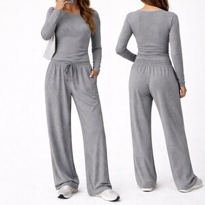 Cozy Two-Piece Gray Lounge Set - Long Sleeve Crop Top & Wide Leg Pants